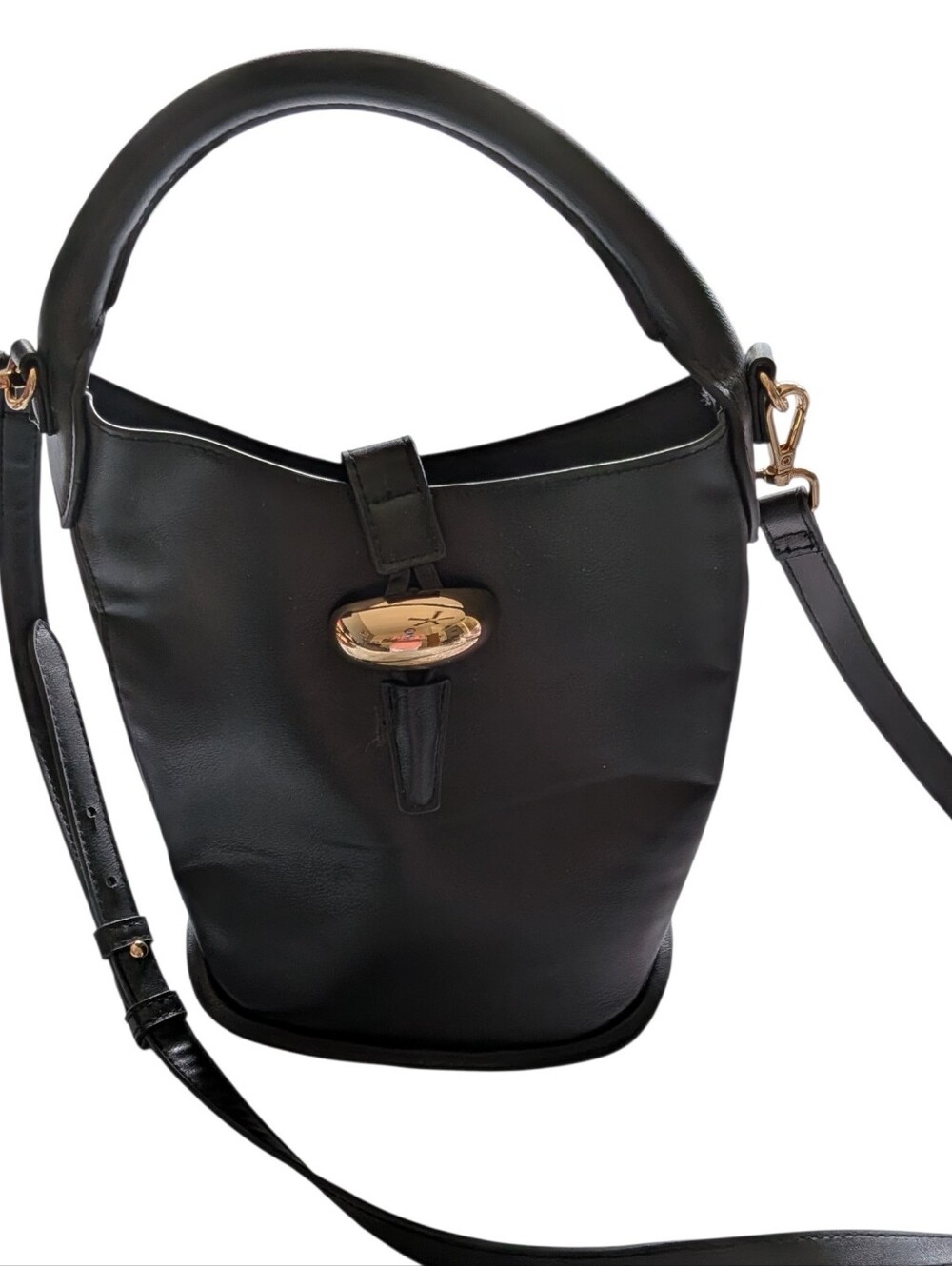 H & M Classic Black Bucket Shoulder Bag with Gold Hardware Crossbody Small
